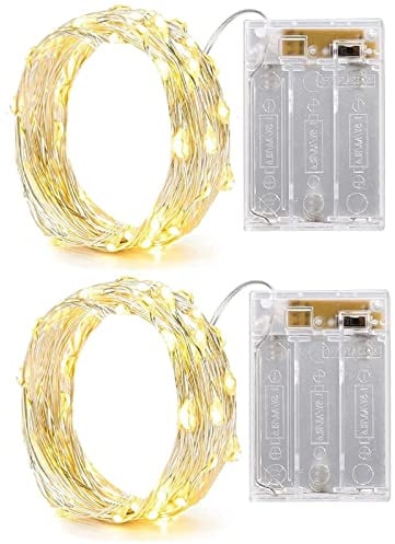 Fairy Light Battery Operated 2Pack LED Lights with Timer Setting Warm White String Lights, 2M 2Pack Silver Wire Starry Lighting, for Bedroom, Indoor, Christmas Tree, Wedding Decor Idea Put in Jars