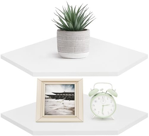 Homode Eckregal Wandhalterung, 2er Set Eckregal Schweberegal mit Schnurloch für Lautsprecher, Kabelbox, 2 Etagen Holz Hängeregal für Badezimmer Wohnzimmer Schlafzimmer, Weiß