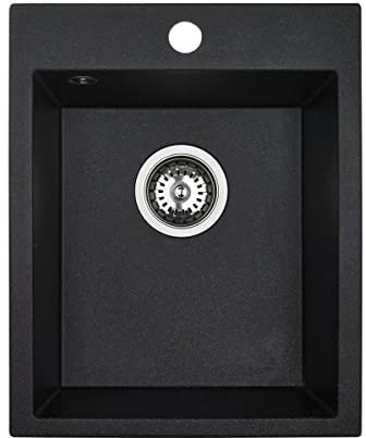 VBChome Fregadero de 48 x 39 cm, color negro, granito, rectangular empotrable, moteado, gran cuenca profunda y sifón