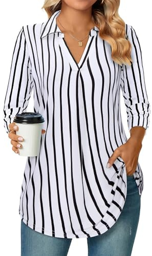 Siddhe Damen Bluse Elegant 3/4 Ärmel Oberteile V-Ausschnitt Große Größen Tunika Tops Gestreift T-Shirt A-Linie Lockere Arbeits Longshirt Lässige Business Mode Hemd Büro Damenblusen, Weiß Streifen XXXL