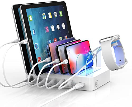 SooPii QC 3.0 60W/12A 6-Port USB Charging Station for Multiple Devices, 8 Short Charging Cables Included, I Watch Charger Holder,for Phones, Tablets, and Other Electronics