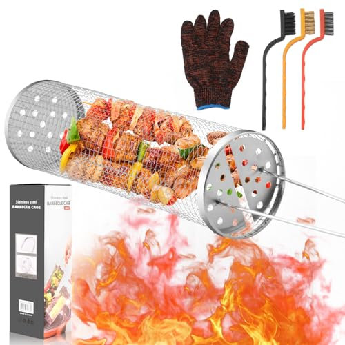 Large Rolling Grilling Baskets for Outdoor,Stainless Steel BBQ Grill Basket with Gloves and Brushes,Gifts for Men Rolling Grilling Mesh Accessories for Vegetables Shrimp,Meat,Outdoor Camping Picnic