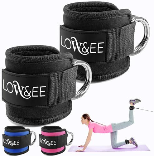 LOW&EE® Lot de 2 chevilles poulies de gymnastique - Sangle Cheville Musculation Poulie pour rembourrée pour femmes et hommes - Sangle de cheville pour machine de câble Fitness et Gym (Noir)
