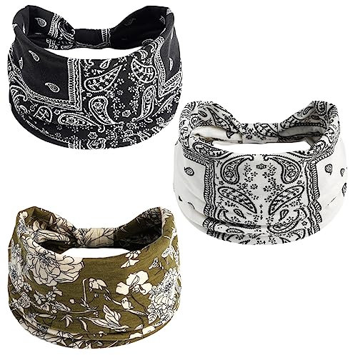 scicent Haarband 3 Stück Damen Stirnband Boho Criss Cross Stirnbänder Elastische Haarbänder Vintage Gedruckt Stilvolle Sport Geknotetes Haarreif - 12905
