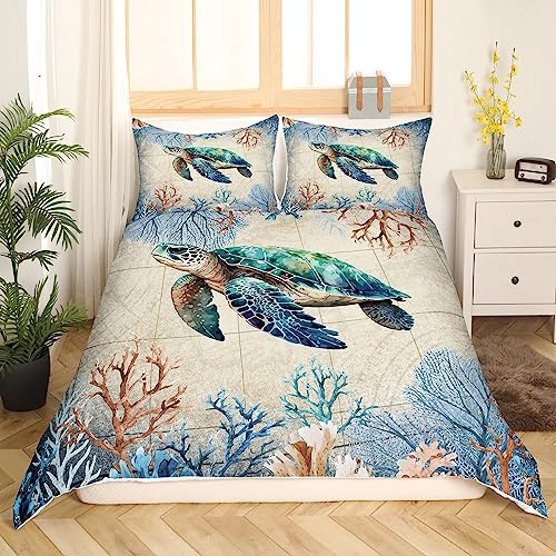 Meeresschildkröte 135x200 Bettwäsche Set für Jungen Mädchen Ocean Theme Tröster Bezug,Meereslebewesen Schildkröte Druck Bettbezug Seetang Dekor Bettwäsche Meerestier Schildkröte Bettwäsche Abdeckung