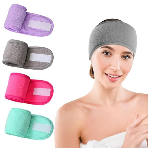 4 Pièces Bandeau pour Le Visage, Bandeau Cheveux Maquillage, Bandeau de Bain de Beauté, Bandeaux de Soin Visage, Réglable Autoadhésif Headbands, pour Femme, le Bain, Démaquillage et Sport Yoga