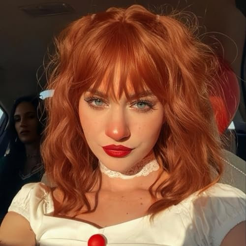 testar Auburn Copper Ingwer Perücken Mit Pony Kurze Orange Braune Lockige Gewellte Bob Perücken Mit Pony Damen Perücke Synthetische Tägliche Verwendung Bunte