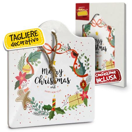 Tagliere Sottopentola Natalizio in Ceramica, Idee Regalo Natale Originali Donna, Mamma e Nonna, per Casa e Cucina, Personalizzati con Illustrazione Originale Ghirlanda Merry Christmas