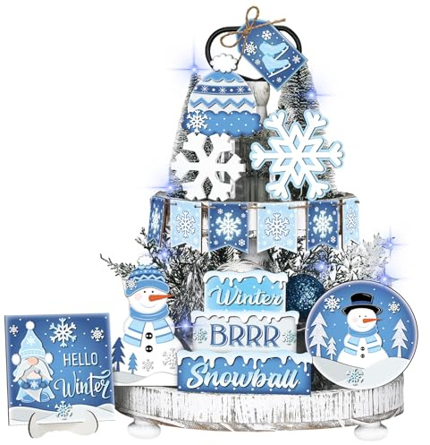 Menkxi 15 Pcs Winter Tiered Tray Decor Snowman Snowflake Tiered Tray Decorations Set Blue Rustic Farmhouse Wooden Signs Tabletop Centerpieces for Winter Holiday Party(Stylish)