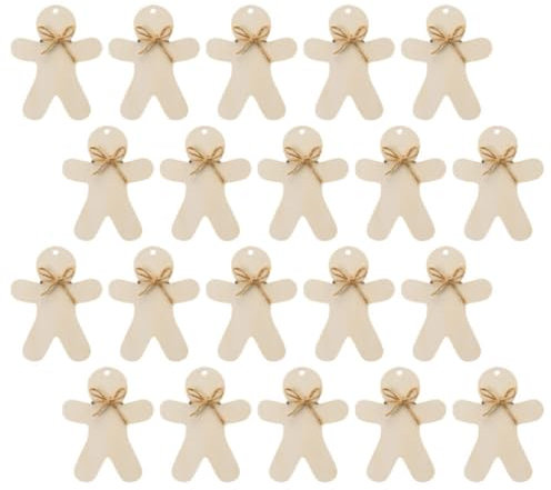 EXCEART 20 Sets Gingerbread Man Wood Cutouts Predrilled Unfinished Gingerbread Ornament with Ropes Christmas Wood Tags DIY Xmas Tree Hanging Decor to Paint