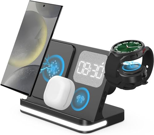 GLILAVOX 4 in 1 kabelloses Ladegerät mit Wecker Kompatibel mit Samsung,Induktive Ladestation für Galaxy Watch8/7/FE/Ultra Galaxy Z Fold7/Z Flip7/FE/S25Edge/S25/S24/S23 Ultra/Buds3 Ladestation(Schwarz)