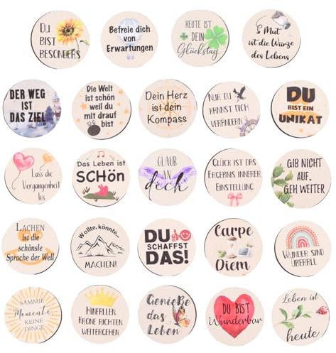 Fodlon 24 Holz-Glückstaler, Originelle Mutmacher Sprüche & Motivation – Geschenk für Kinder, Kollegen, Erzieherin, Schule, Prüfung – Tischdeko, Kleines Geschenk