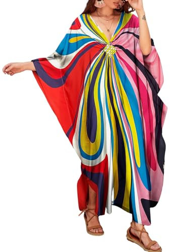 Bsubseach Plus Size Kaftan Long Swimsuit Coverup for Women Caftans Loungewear Casual Fall Dress Colored Stripes