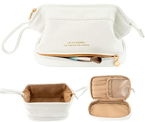 Abiudeng Kosmetiktasche Kulturtasche Kulturbeutel-Damen Schminktasche Groß Wasserdicht Make up Organizer Tasche Reisen Kosmetiktasche mit Pinselfach Make up Tasche Klein für Frauen-B-Weiß