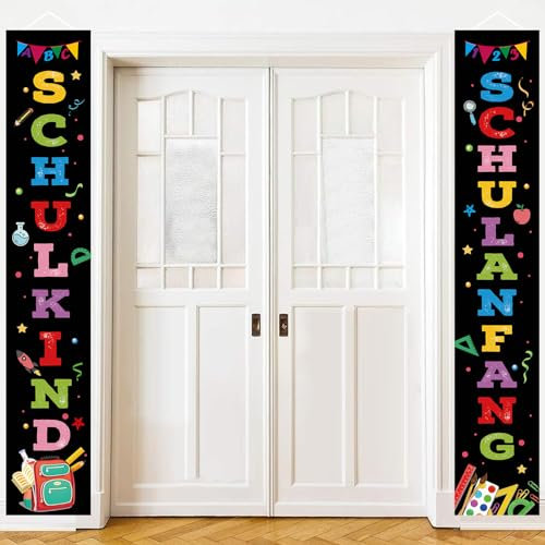 GRESATEK Schulanfang Banner Deko,Schwarz Alles Gute Zum Schulanfang Tür Banner für Schüler,2 Stück Einschulung Banner Photo Booth Veranda Dekoration für Drinnen und Draußen