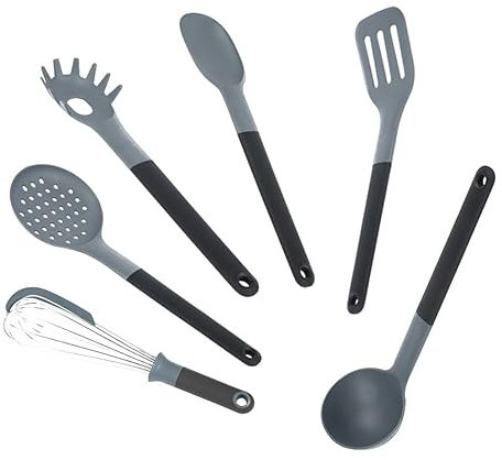 axentia Küchenhelfer Set - 6-teilig, hitzebeständig bis 180°C, spülmaschinenfest, grau mit dunklen Soft Touch Griffen in Premium Qualität