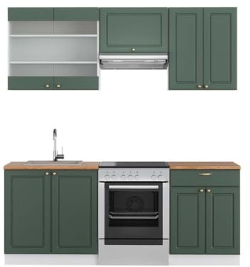 Vicco Küchenzeile Fame-Line, Grün-Gold Landhaus/Weiß, 200 cm | 5 Module · Höhenverstellbare Füße · Arbeitsplatte Eiche · MDF-Fronten · Softclose · Metallgriffe