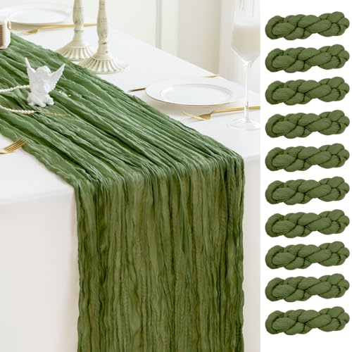 Sioloc 10 Stück Moosgrün Mulltuch Tischläufer 90x300 cm Boho Gaze Läufer für Herbstdeko, Hochzeit, Party, Baby Bridal Shower, Geburtstags Tischdekoration