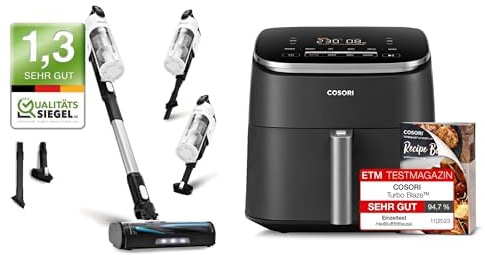 Levoit Akku Staubsauger mit Tierhaardüse, Anti-Haar-Verwicklung, max 50min Laufzeit+Cosori Turboblaze Heißluftfritteuse Airfryer, 9-in-1 Air Fryer XXL 6L, leiser DC Motor mit 5 Geschwindigkeitsstufen