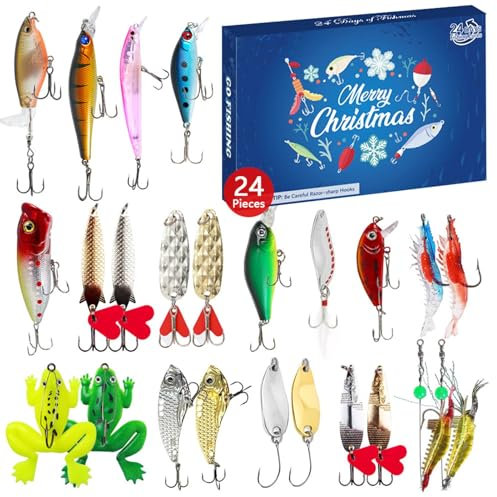 Angel-Adventskalender 2024 – Angelausrüstungs-Set, Angelköder-Set mit Countdown, 24 Tage Angelköder mit Haken, Adventskalender mit Countdown