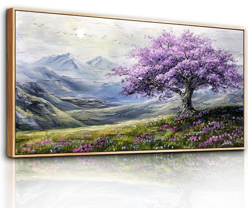 hyidecorart Lila Blühender Baum Leinwand Bild mit Rahmen Holz, 73x146 cm XXL Wandbilder Wohnzimmer Modern Bilder, Baum des Lebens Wanddeko Aesthetic Schlafzimmer Badezimmer Kunst Büro Zimmer Esszimmer