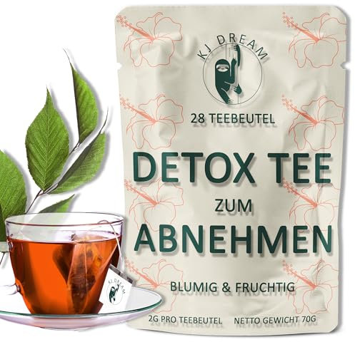 KJ Dream Detox Tee zum Abnehmen - Sanfte Kräutermischung mit Lotusblatt, Oolong & Hibiskus - Unterstützt Fettabbau, Entwässerung, Verdauung & Hormone in den Wechseljahren - 100% Vegan (28 Teebeutel)