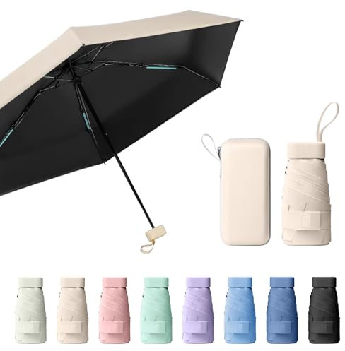 Sykrawki Mini UV-Regenschirm, Winddichter Taschenschirm mit Kapselhülle, Tragbar für Männer und Frauen (Beige)