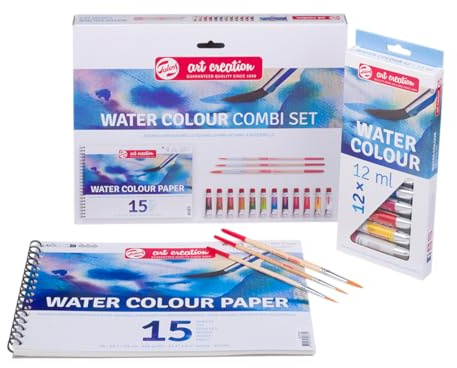 Talens Art Creation Papier Kombiset Aquarell 12x12 ml, A4 Papier, 3 Pinsel, ideales Starterset