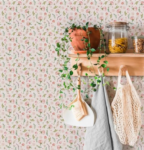 Piastrelle Adesive Cucina Fiori Rosa Piastrelle Adesive Bagno Impermeabile Piastrelle Adesive Bagno, PVC Piastrelle Adesive,Pannelli Decorativi Per Pareti Piastrelle Bagno 10 Pezzi(20x20cm)