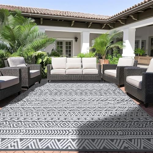 Alishomtll Outdoor Teppich Wetterfest 150x245cm, PP Wasserdichter Kunststoff Terrasse Teppich, Garten Balkon Wendbar UV-beständige Carpet, Außenteppich Camping für BBQ Picknick, Weiß Grau