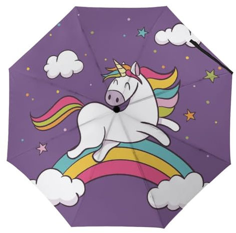 YBQLNP Automatischer Regenschirm Regenbogen Einhorn Taschenschirm Winddicht Sturmfest Für Herren Damen Teenager