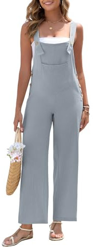 HOTIAN Latzhose Damen Leinen Sommer Elegant Jumpsuit Leinenhose Lang Casual Lose Overall mit Große Taschen Bib Pants Light Gray S