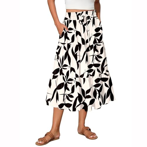 Damen Midi Rock Sommerrock Boho A Linie Faltenrock Blumendruck Hohe Taille Leicht Luftig Taschen Gummizug
