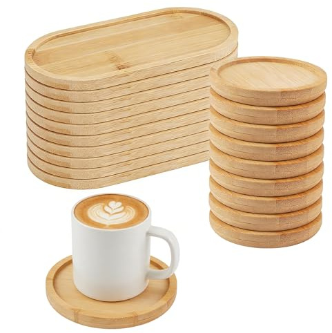 CHUENHEI 20 Stück Deko Holz Untersetzer Set, 10cm Holz Untersetzer Rund und Bambus Untersetzer Oval 17,5x8,8 cm, Bambus Tablett Klein Holzuntersetzer für Gläser, Getränke, Tassen, Kerzenteller