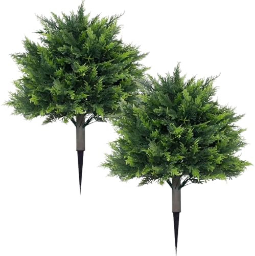 JZLEJC 2PCS Artificial Plants Outdoor, Green Shrubs with Ground Spike Faux Topiary Cypress Trees for Home Front Porch Garden