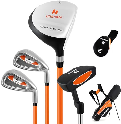 GYMAX Juego Completo de Palos de Golf, con Madera de Fairway #3, Hierros #7 y #9, Putter, Bolsa de Golf Portátil con Soporte y Funda Protectora de Lluvia, 11-13 Años (Naranja,71 cm x 53 cm x 81 cm)