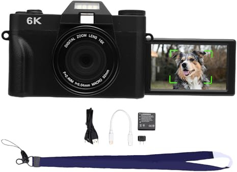 LICAEVEY 6K Spiegellose Kamera mit 64MP CMOS & 16X Digital Zoom - 3 Zoll 180 ° Flip -Bildschirm Vlogging -Kamera mit WLAN -Übertragung, Autofokus, Zeitlup (Black)