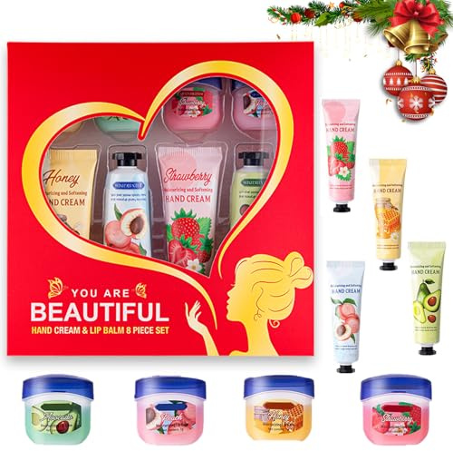 Weihnachten Handcreme Set 8PCS, 4x Handcreme Mini & 4x Lippenbalsam, Feuchtigkeitsspendende Pflege für Sehr Trockene Hände und Lippen, Kleine Weihnachtsgeschenke für Frauen, Kollegen & Familie