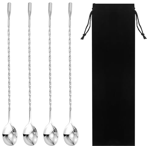 4 Pezzi Cucchiaio da Cocktail in Acciaio Inox, Cucchiaio per Mescolare, Cucchiaini da Bar con Manico Lungo, Design a Spirale, Cucchiaio Sugo Manico Lungo per Cocktail, Frappè, Succhi, Tè (30 cm)