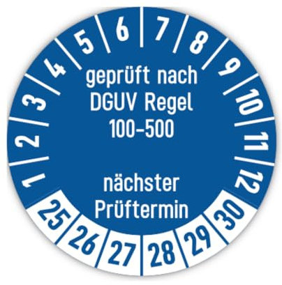 Aufkleber: ⌀ 15 mm, 60 Stück, blau, Mehrjahresprüfplakette, 2025, 2026, 2027, 2028, 2029, 2030, Hochleistungsfolie, Sprache: deutsch, Text: geprüft nach DGUV Regel 100-500 nächster Prüftermin