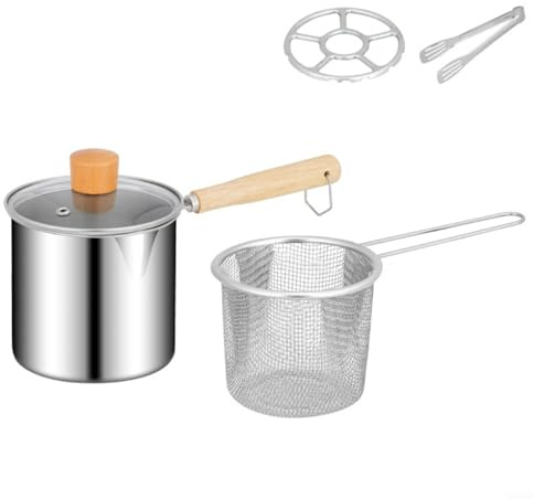 Sandyseptember Pentola in acciaio inox con coperchio in vetro e cestello rimovibile, resistente al calore, manico in legno per cucinare tagliatelle, bollire la pasta e friggere su piano cottura a gas