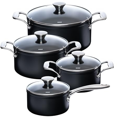 Kelomat, Nuovo 1921-333 Saucepan Set with Glass Lid, 4 Pots + 4 Lids, Black, Ceramic Non-Stick Coating, Full Induction Base, Dishwasher Safe, Stainless Steel Handles (8-Piece Crockery Set)