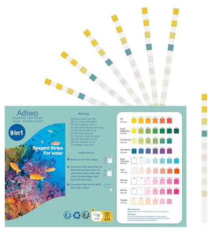 Adiwo Bandelette de Test d'Aquarium 9 en 1, 100 Bandelettes de Test Eau Dureté Totale, pH, Alcalinité, Carbonates, Chlore Libre, Fer, Nitrates, Nitrites, Cuivre Test Rapide pour Aquarium Étang Piscine