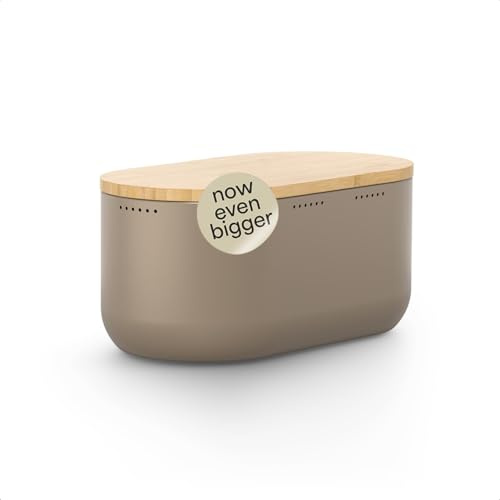 LARS NYSØM Portapane in metallo I Portapane per freschezza duratura con piedini antiscivolo I Coperchio in bambù adatto come tagliere | 34,5x18,5x15,8cm (Taupe Brown)
