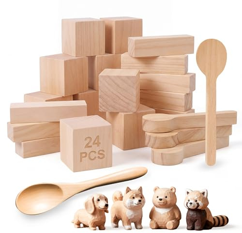24-PCS Wooden Carving Block Set, Carving, Including Three Sizes of Carving Wood Blocks, Unfinished Wooden Blocks, Suitable for DIY Creators and Adult Beginners in Woodworking Crafts