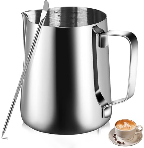 YANJINGSHE Milk Jug 350ml Stainless Steel Frothing Jug & Pen | Stainless Steel Milk Frother Jug 350ml, Dripless Spout & 13cm Art Pen, Ideal for Coffee Lovers, Silver