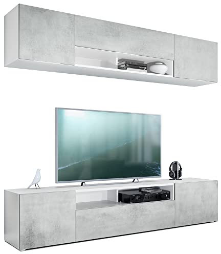 Vladon Wohnwand Mogan, Weiß matt/Beton Oxid Optik - Moderne Anbauwand bestehend aus 2 TV-Boards (181 x 147 x 35 cm)