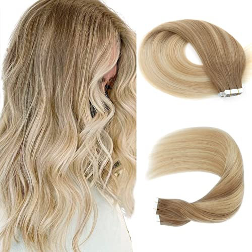 Sassina Unsichtbare Tape in Extensions Skin Weft Doppelseitige Tape Extensions Echthaar Balayage Aschbraun übergehend zu Dunklem Honigblond bis zu Platinaschblond 50g 20 Stück 50cm #B8/18/60