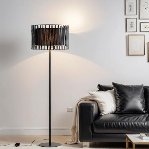 Licht-Erlebnisse Stehleuchte Design aus Metall und Stoff in schwarz D:61cm E27 für Schlafzimmer Sofa Wohnzimmer Stehlampe Bodenlampe innen Bodenleuchte