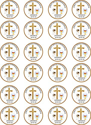 Gold First Holy Communion Girl Kneeling, Cross & Chalice Cupcake Icing, Wafer or Wafer Card 24 x 1.5 inch Toppers (Wafer)